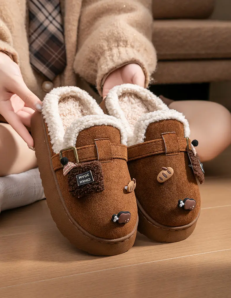 Cute Birkenstock Shoes Furry Slippers for Women to Wear Outside in Winter 2025 New Home Warm Thick-Soled Soft-Soled Non-Slip Cotton Slippers — feature 18
