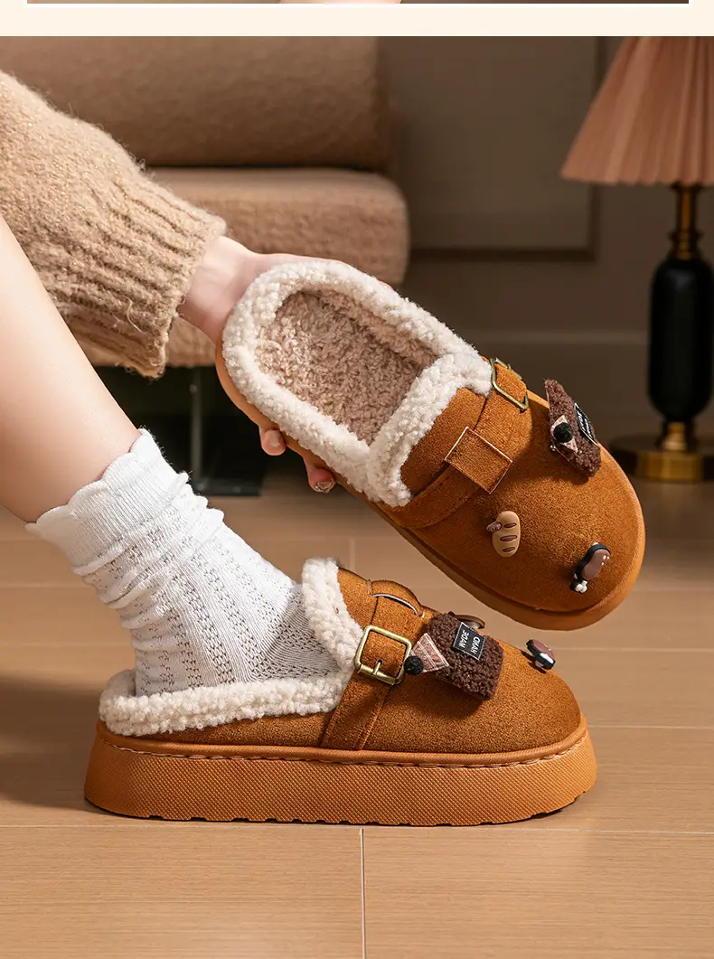 Cute Birkenstock Shoes Furry Slippers for Women to Wear Outside in Winter 2025 New Home Warm Thick-Soled Soft-Soled Non-Slip Cotton Slippers — feature 22
