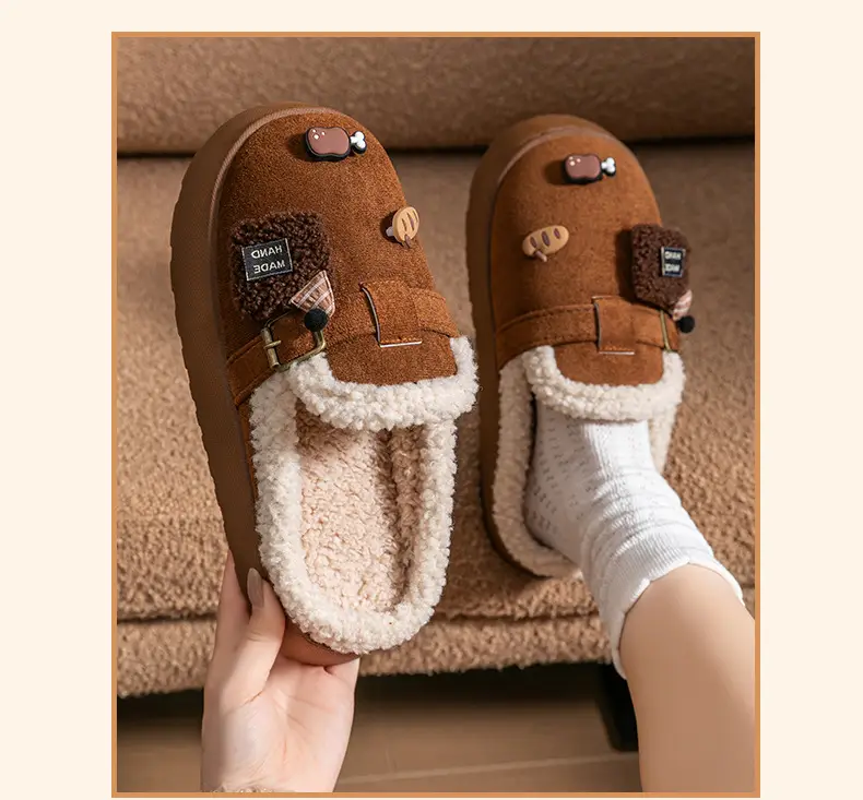 Cute Birkenstock Shoes Furry Slippers for Women to Wear Outside in Winter 2025 New Home Warm Thick-Soled Soft-Soled Non-Slip Cotton Slippers — feature 23