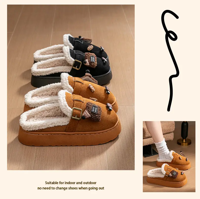 Cute Birkenstock Shoes Furry Slippers for Women to Wear Outside in Winter 2025 New Home Warm Thick-Soled Soft-Soled Non-Slip Cotton Slippers — feature 24