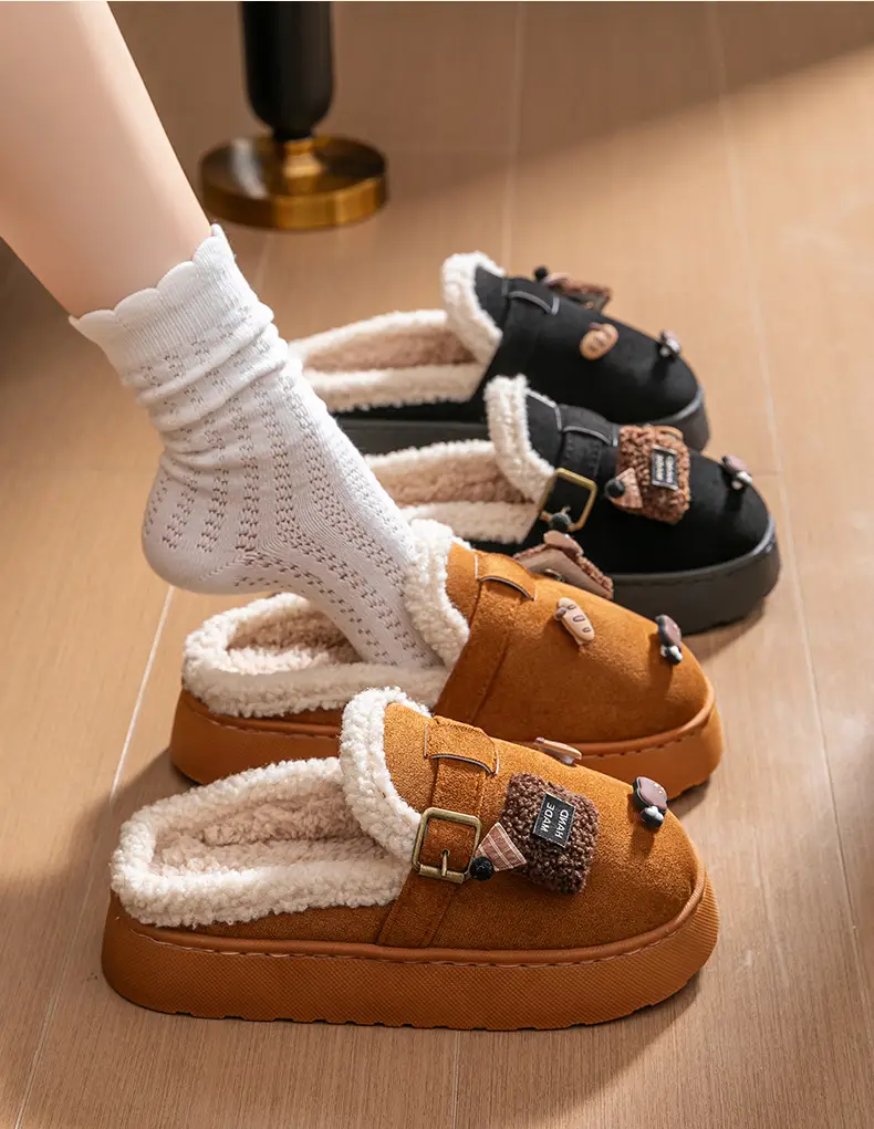 Cute Birkenstock Shoes Furry Slippers for Women to Wear Outside in Winter 2025 New Home Warm Thick-Soled Soft-Soled Non-Slip Cotton Slippers — feature 25
