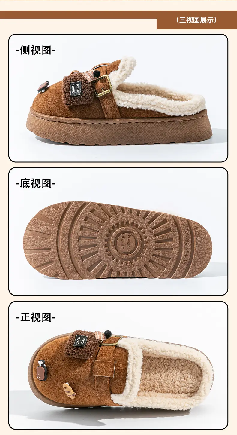 Cute Birkenstock Shoes Furry Slippers for Women to Wear Outside in Winter 2025 New Home Warm Thick-Soled Soft-Soled Non-Slip Cotton Slippers — feature 26