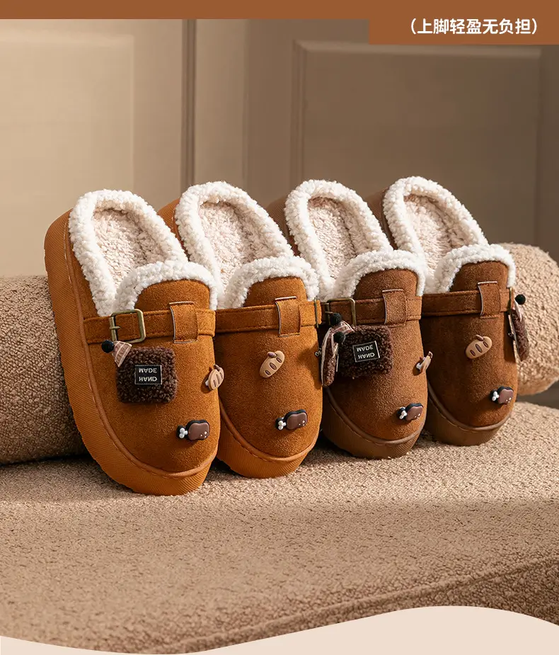 Cute Birkenstock Shoes Furry Slippers for Women to Wear Outside in Winter 2025 New Home Warm Thick-Soled Soft-Soled Non-Slip Cotton Slippers — feature 3