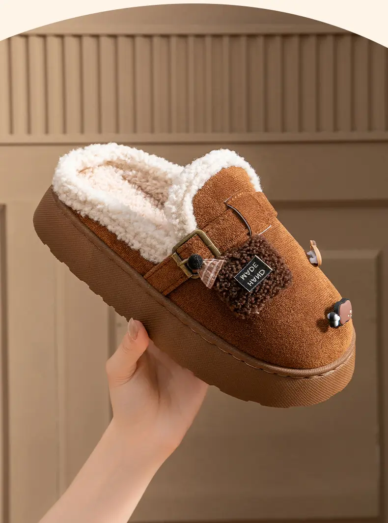 Cute Birkenstock Shoes Furry Slippers for Women to Wear Outside in Winter 2025 New Home Warm Thick-Soled Soft-Soled Non-Slip Cotton Slippers — feature 7