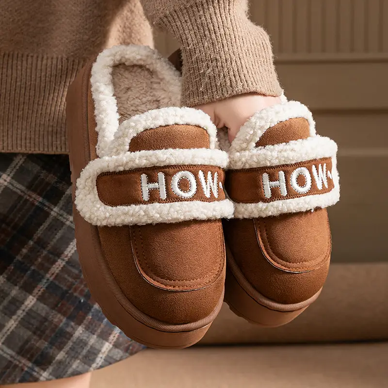 Cute Birkenstock Shoes Furry Slippers for Women to Wear Outside in Winter 2025 New Home Warm Thick-Soled Soft-Soled Non-Slip Cotton Slippers - Image 3