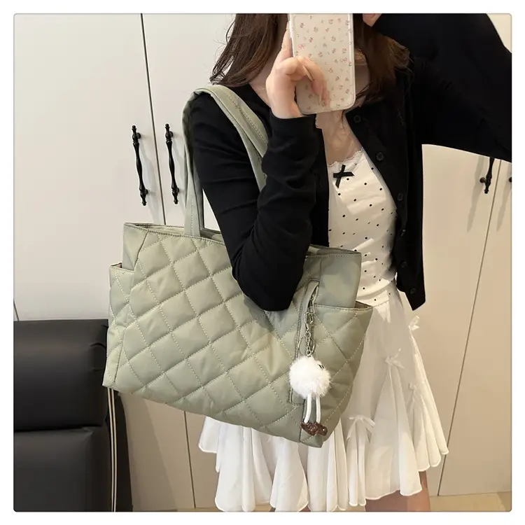 Women Quilted Satchel Tote Bag Olive Green Large Capacity — feature 18