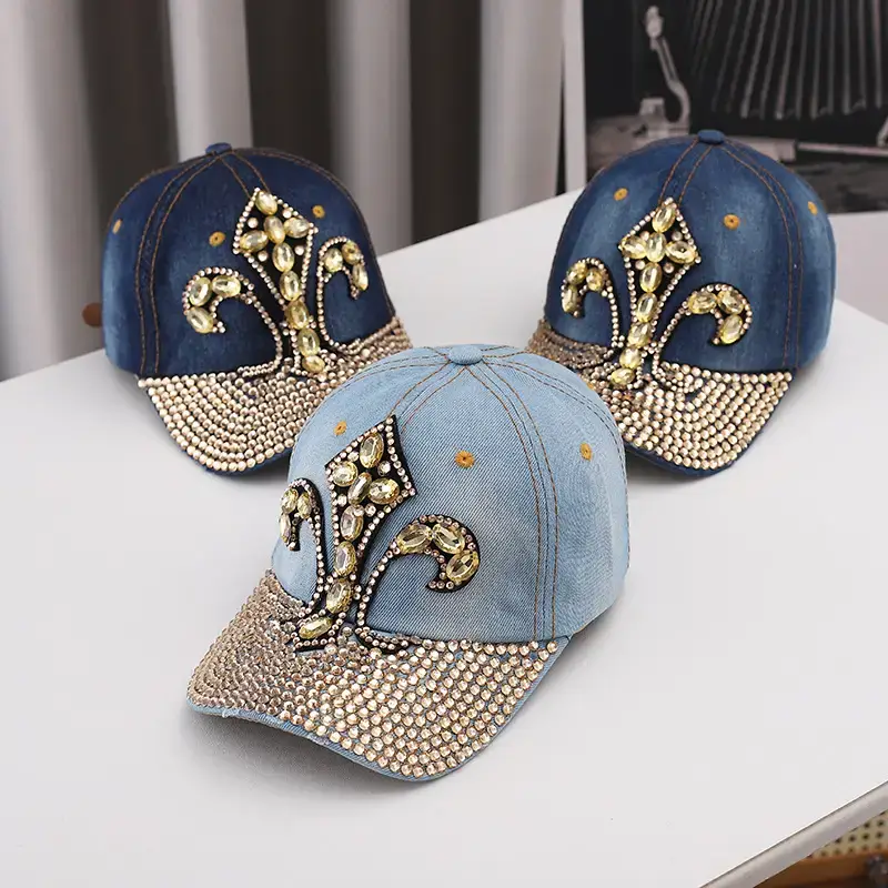 Denim Baseball Cap with Gold Rhinestone Embroidery - Image 4