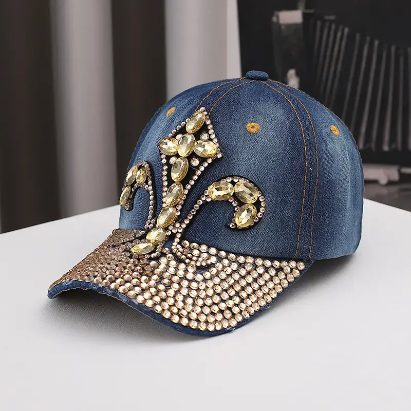 Denim Baseball Cap with Gold Rhinestone Embroidery - Image 3