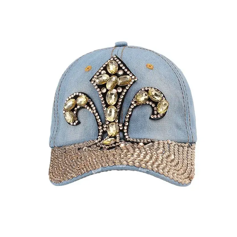 Denim Baseball Cap with Gold Rhinestone Embroidery - Image 5