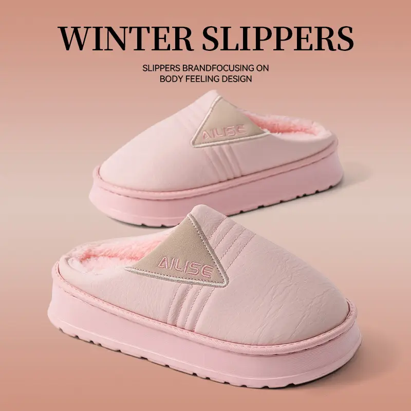Winter Warm Cotton Slippers for Men Women Pink 4.0cm Waterproof - Image 2