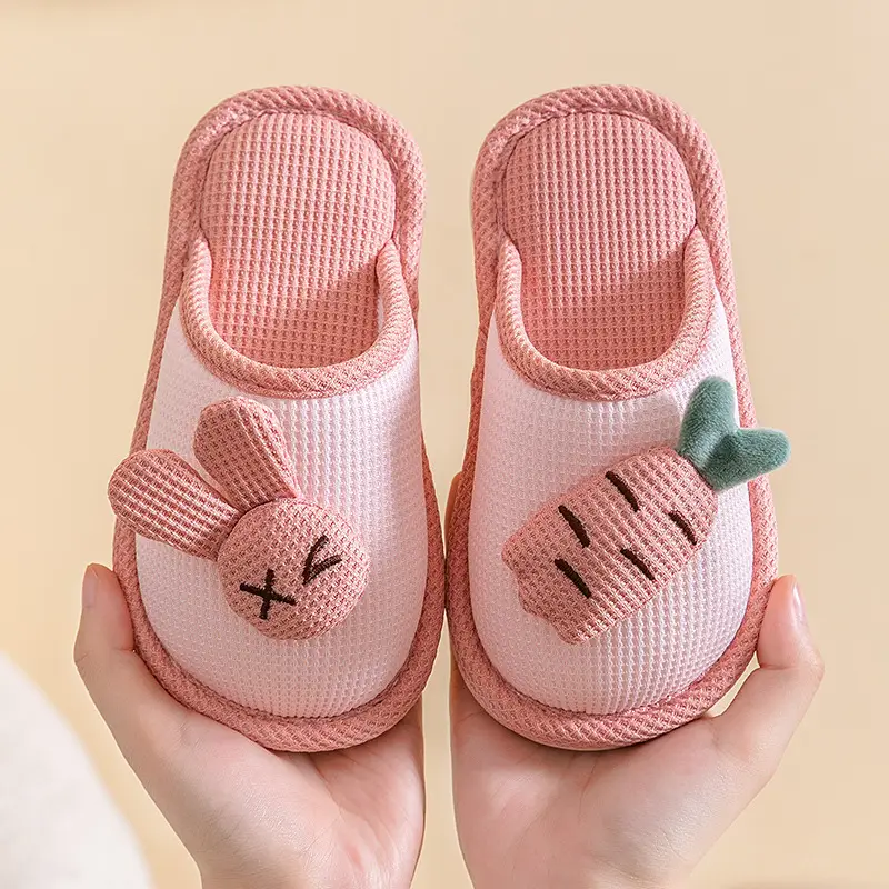 Baotou Cotton Slippers for Girls, Autumn and Winter Indoor Breathable Carrot Rabbit Silent Cartoon Non-Slip Parent-Child Slippers, Linen Winter