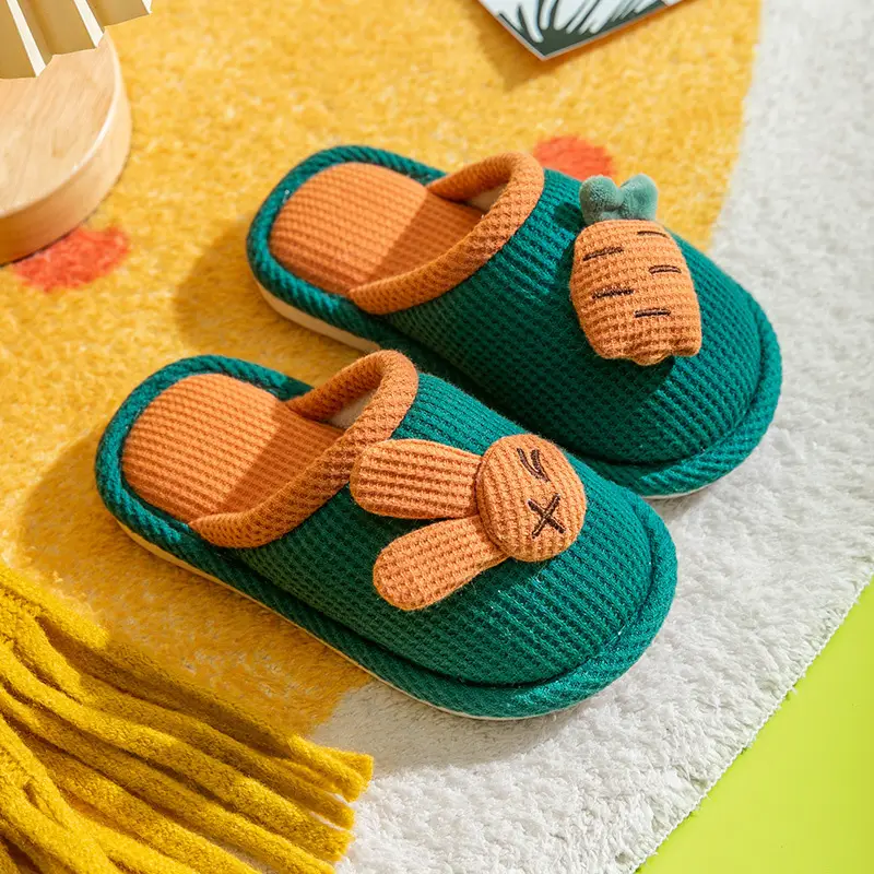 Baotou Cotton Slippers for Girls, Autumn and Winter Indoor Breathable Carrot Rabbit Silent Cartoon Non-Slip Parent-Child Slippers, Linen Winter