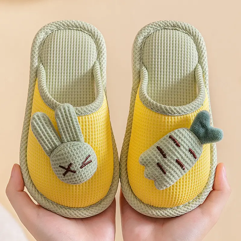 Baotou Cotton Slippers for Girls, Autumn and Winter Indoor Breathable Carrot Rabbit Silent Cartoon Non-Slip Parent-Child Slippers, Linen Winter
