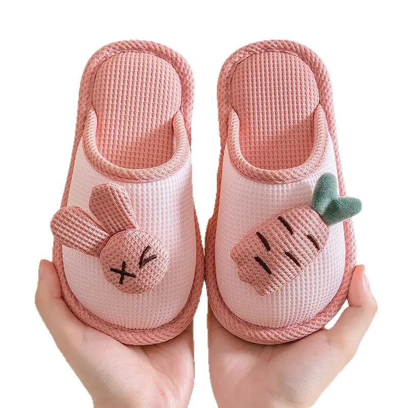 Baotou Cotton Slippers for Girls, Autumn and Winter Indoor Breathable Carrot Rabbit Silent Cartoon Non-Slip Parent-Child Slippers, Linen Winter