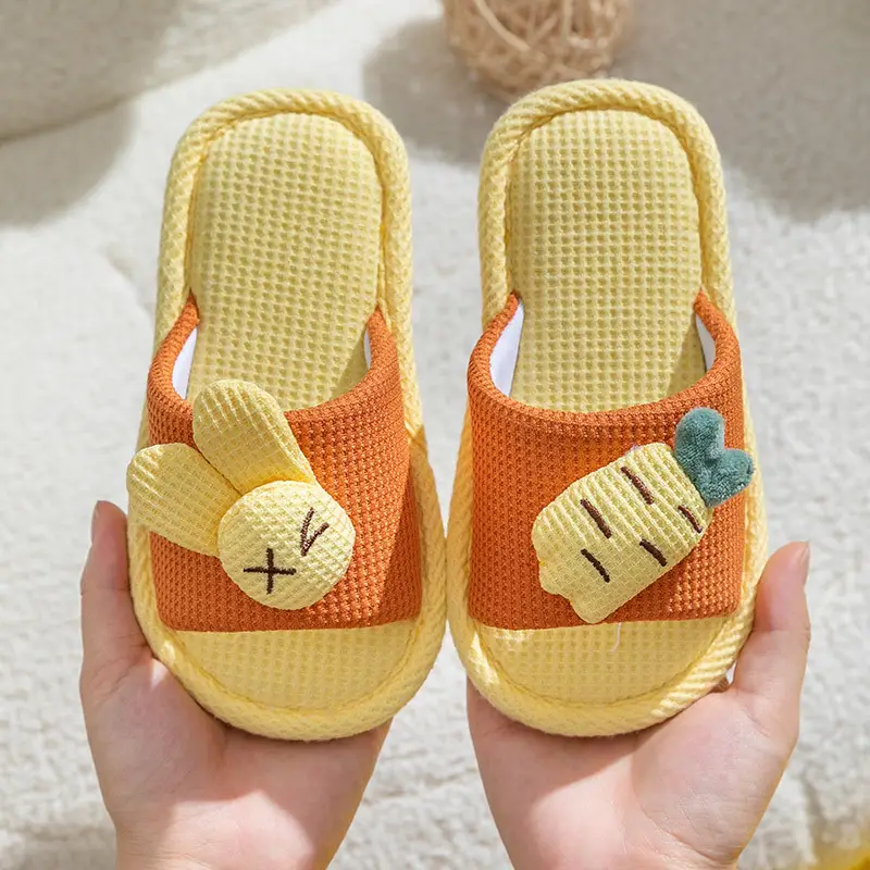 Baotou Cotton Slippers for Girls, Autumn and Winter Indoor Breathable Carrot Rabbit Silent Cartoon Non-Slip Parent-Child Slippers, Linen Winter