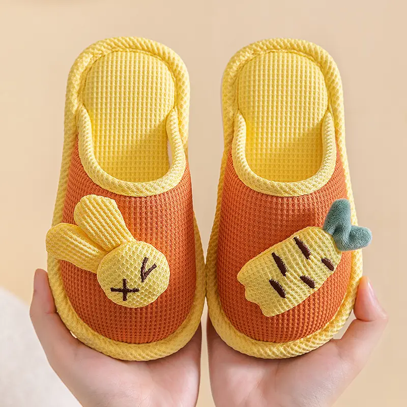 Baotou Cotton Slippers for Girls, Autumn and Winter Indoor Breathable Carrot Rabbit Silent Cartoon Non-Slip Parent-Child Slippers, Linen Winter