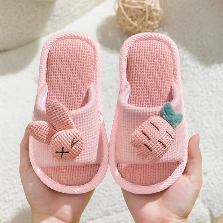 Baotou Cotton Slippers for Girls, Autumn and Winter Indoor Breathable Carrot Rabbit Silent Cartoon Non-Slip Parent-Child Slippers, Linen Winter