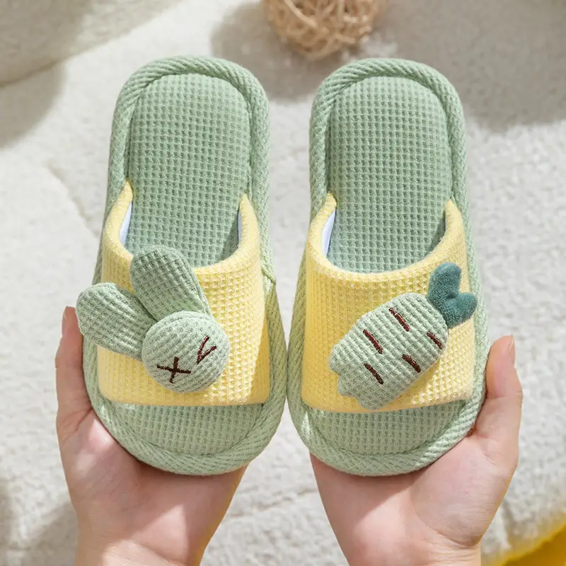 Baotou Cotton Slippers for Girls, Autumn and Winter Indoor Breathable Carrot Rabbit Silent Cartoon Non-Slip Parent-Child Slippers, Linen Winter