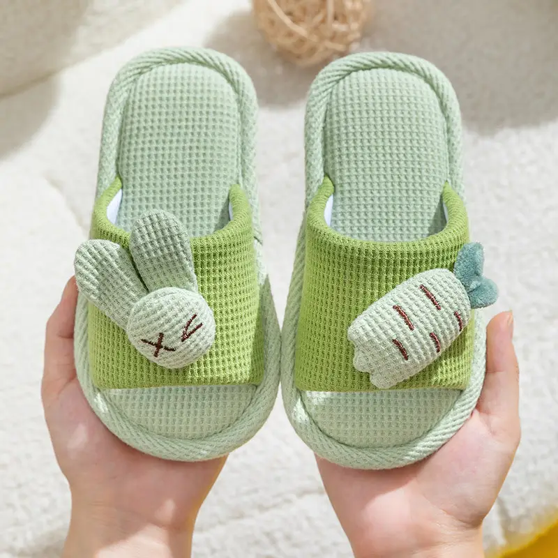 Baotou Cotton Slippers for Girls, Autumn and Winter Indoor Breathable Carrot Rabbit Silent Cartoon Non-Slip Parent-Child Slippers, Linen Winter