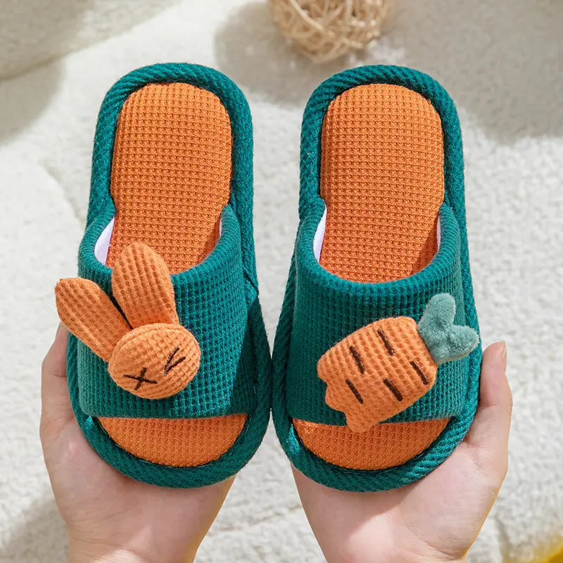 Baotou Cotton Slippers for Girls, Autumn and Winter Indoor Breathable Carrot Rabbit Silent Cartoon Non-Slip Parent-Child Slippers, Linen Winter