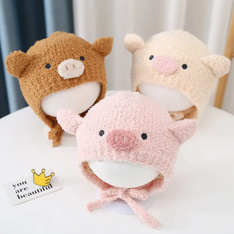 Autumn and Winter Cute Piggy Warm Plush Hats for Boys and Girls, Outdoor Windproof Hats, Baby Ear Protection Hats, Baby Hats — feature 5