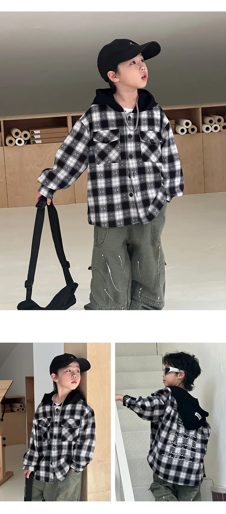 Children's Plaid Hooded T-Shirt Set for Boys 2026 — feature 9