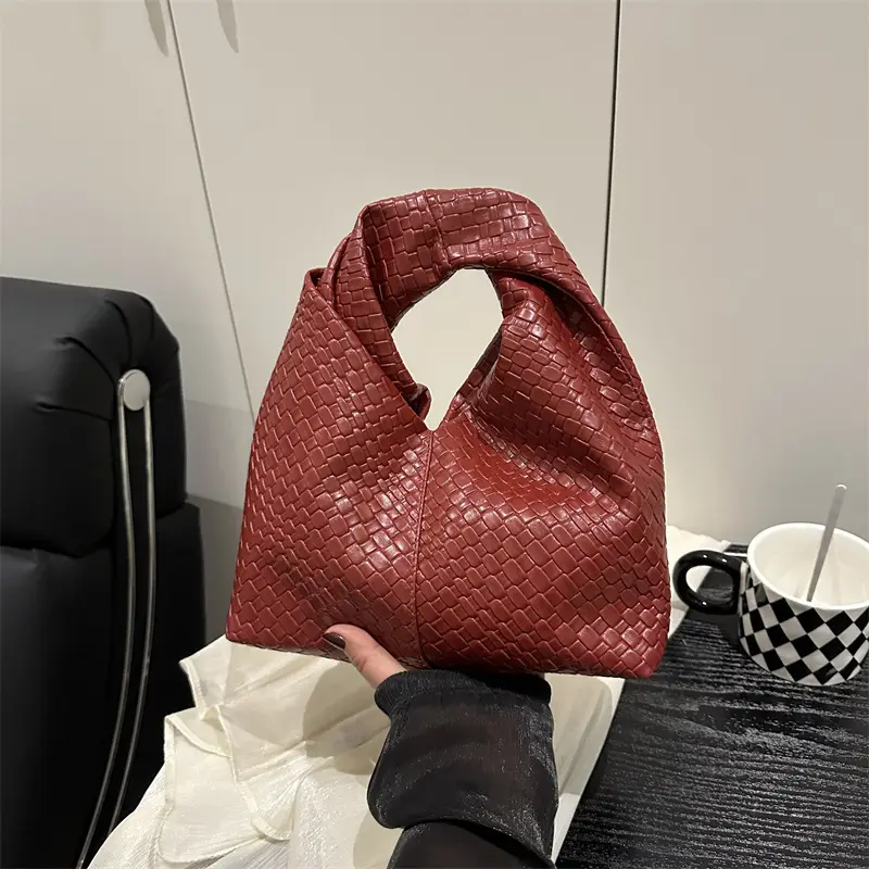 Retro Woven Shoulder Handheld Tote Bag Black White Maroon - Image 5