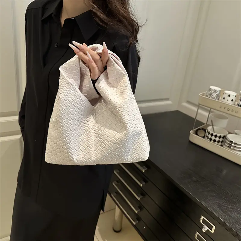 Retro Woven Shoulder Handheld Tote Bag Black White Maroon - Image 6