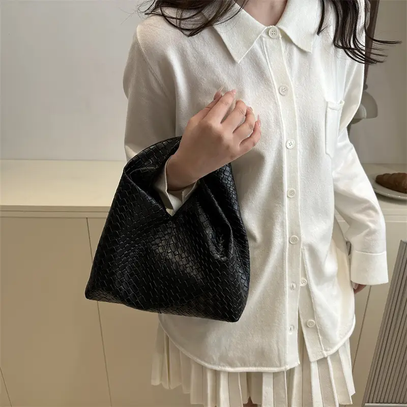 Retro Woven Shoulder Handheld Tote Bag Black White Maroon - Image 7