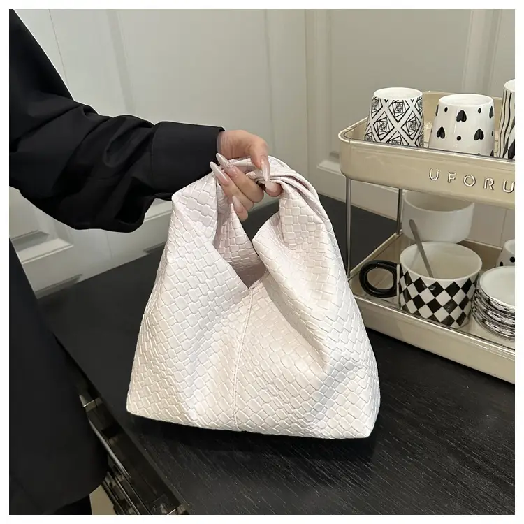 Retro Woven Shoulder Handheld Tote Bag Black White Maroon — feature 12