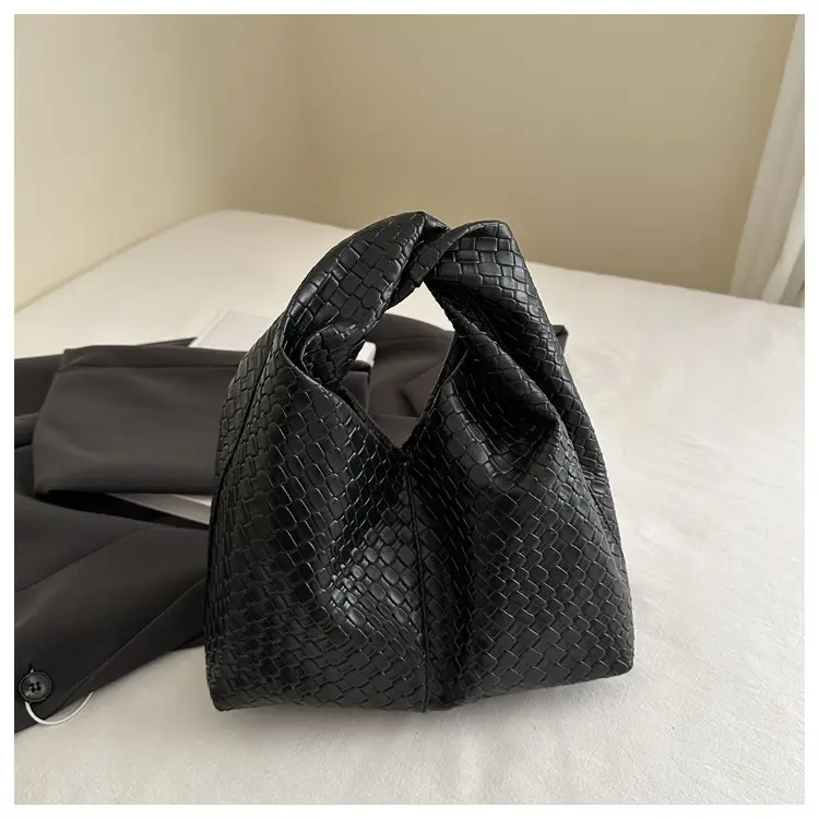 Retro Woven Shoulder Handheld Tote Bag Black White Maroon — feature 14