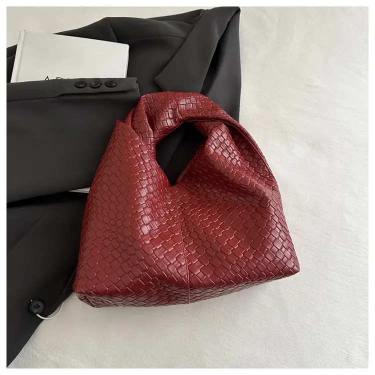 Retro Woven Shoulder Handheld Tote Bag Black White Maroon — feature 19