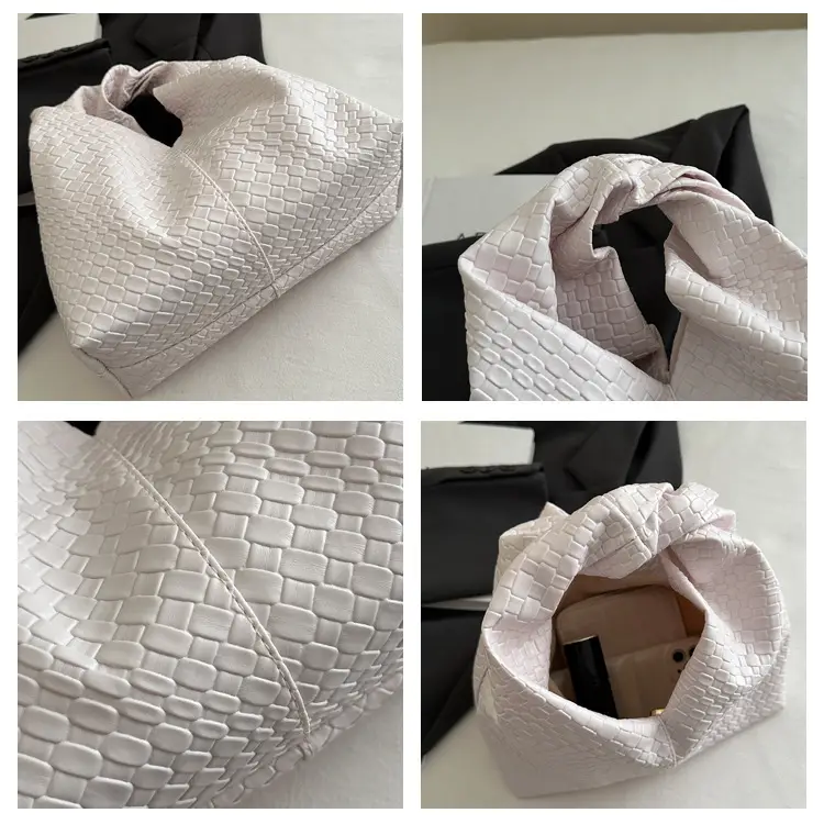 Retro Woven Shoulder Handheld Tote Bag Black White Maroon — feature 7