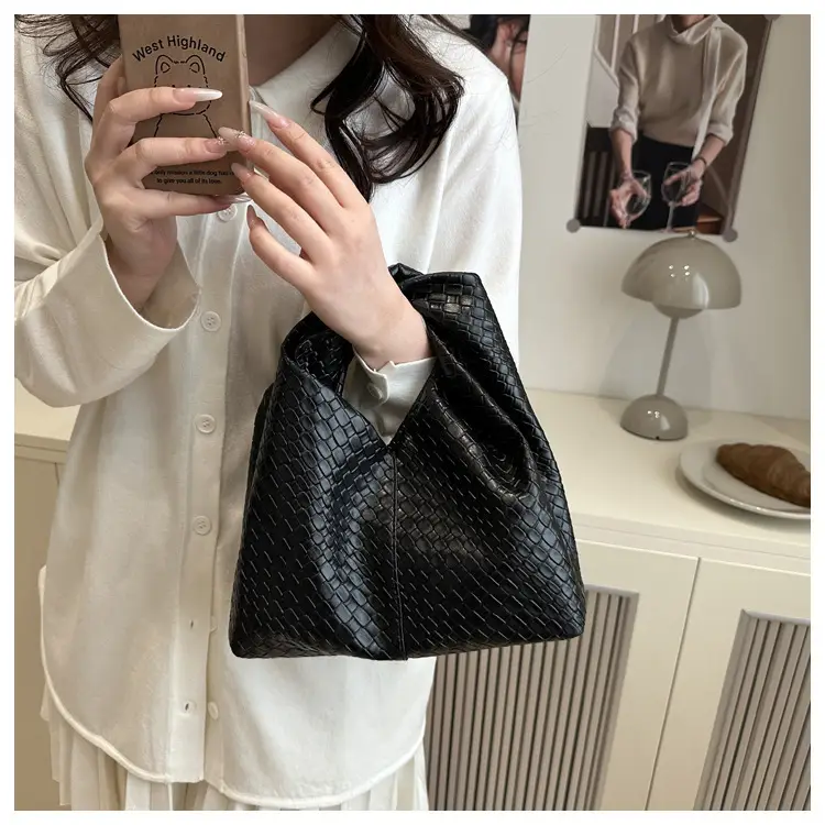 Retro Woven Shoulder Handheld Tote Bag Black White Maroon — feature 8