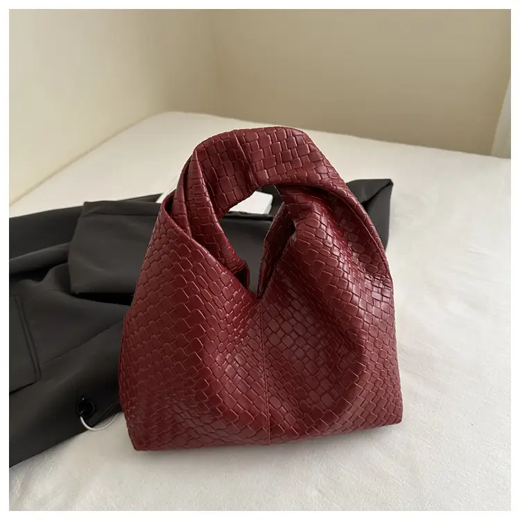 Retro Woven Shoulder Handheld Tote Bag Black White Maroon - Image 3