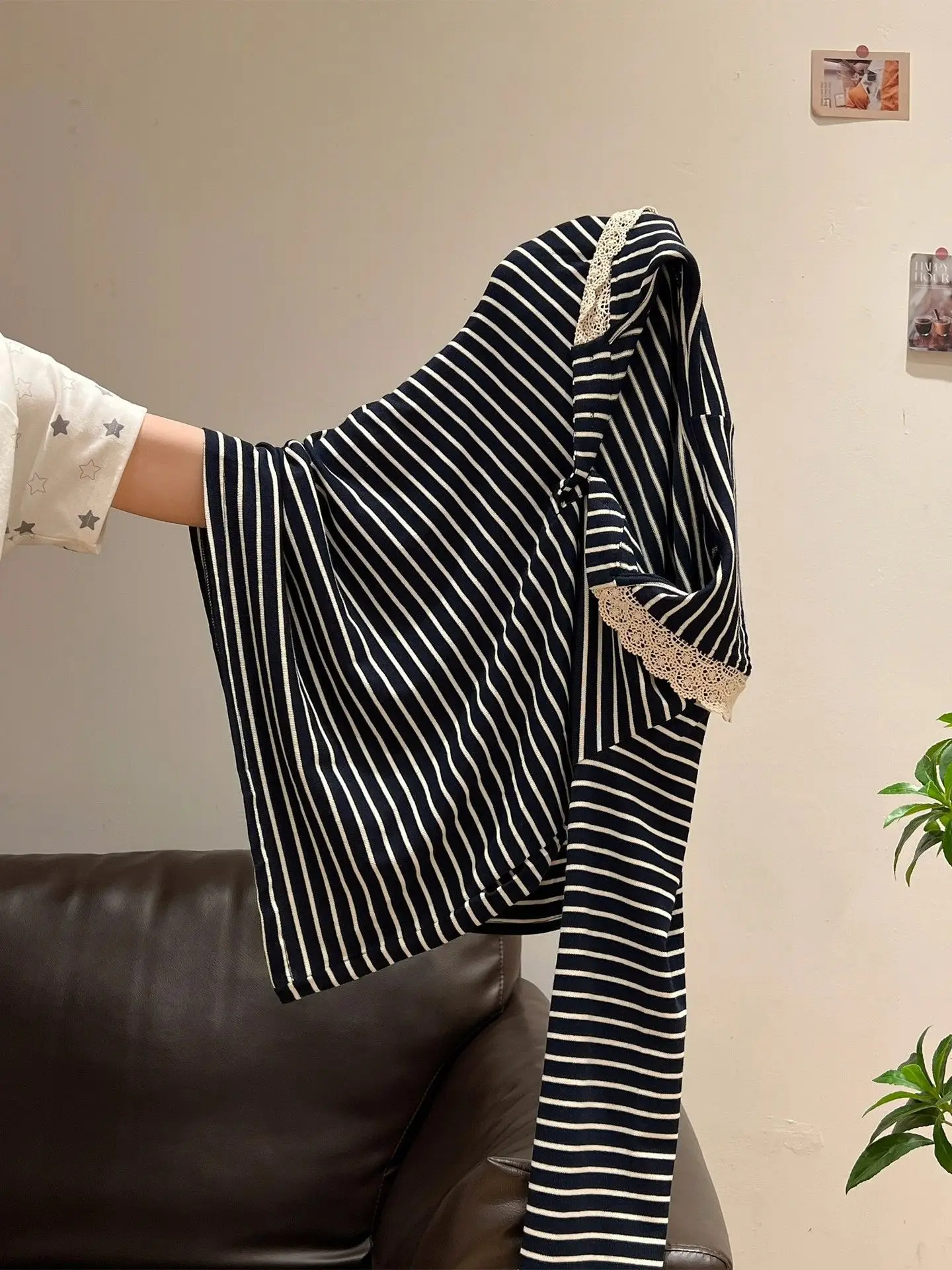 Women Long Sleeve Striped Hoodie with Lace Trim 2025