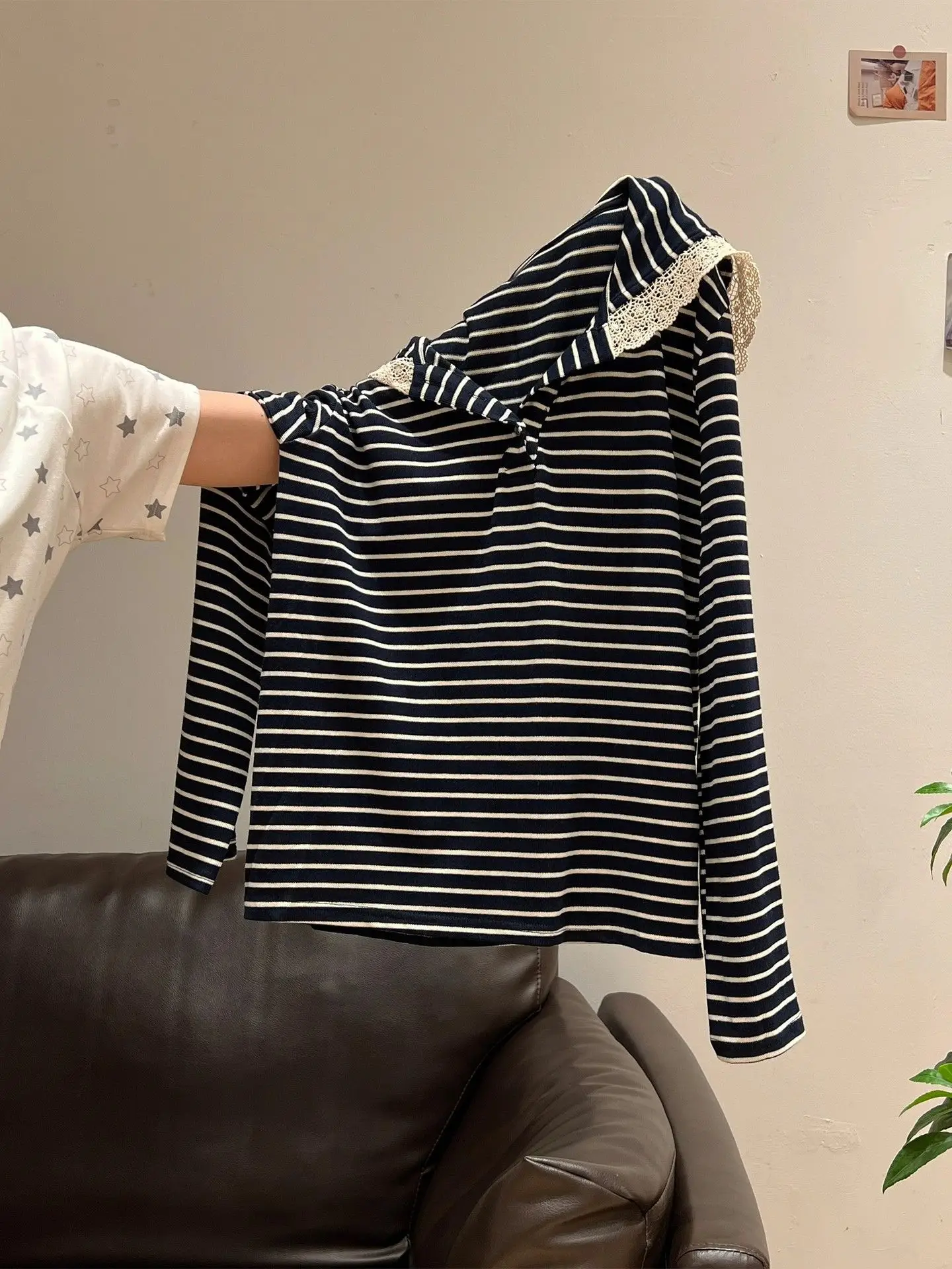 Women Long Sleeve Striped Hoodie with Lace Trim 2025