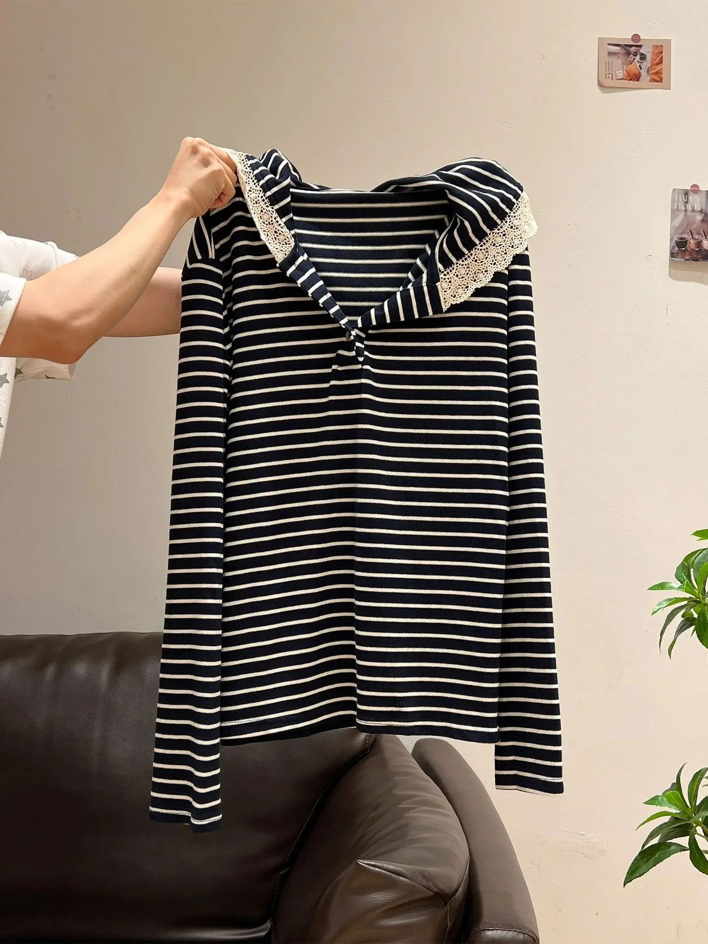 Women Long Sleeve Striped Hoodie with Lace Trim 2025