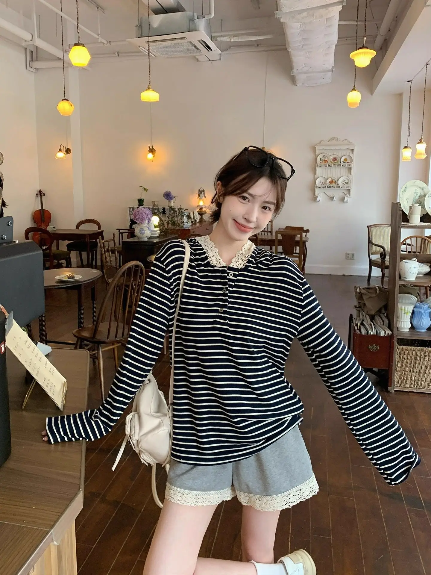 Women Long Sleeve Striped Hoodie with Lace Trim 2025