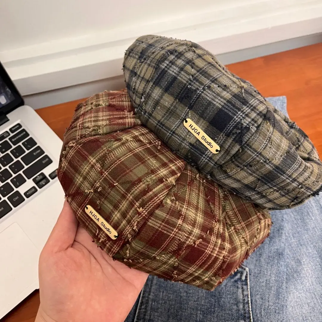Women Plaid Beret Face Cap Retro British Newsboy Forward