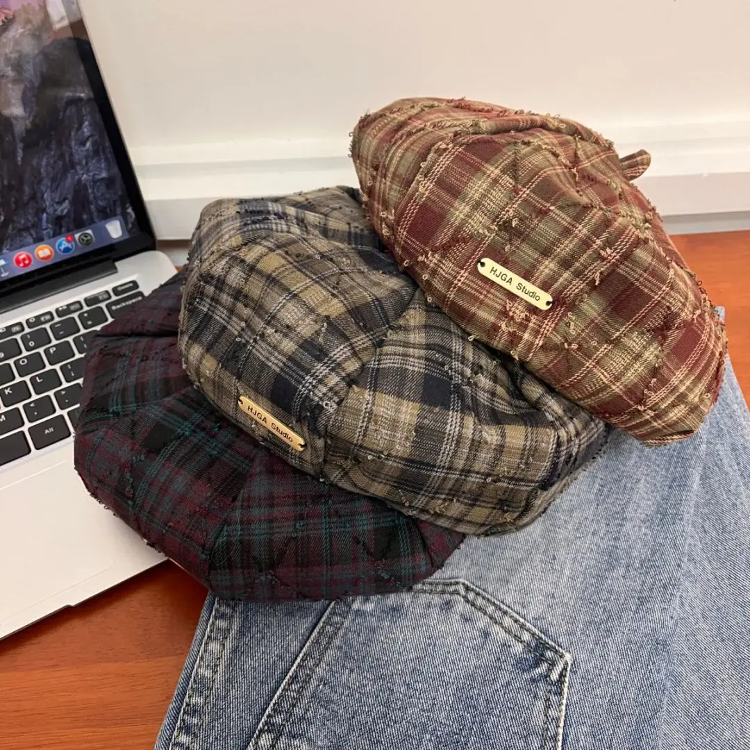 Women Plaid Beret Face Cap Retro British Newsboy Forward