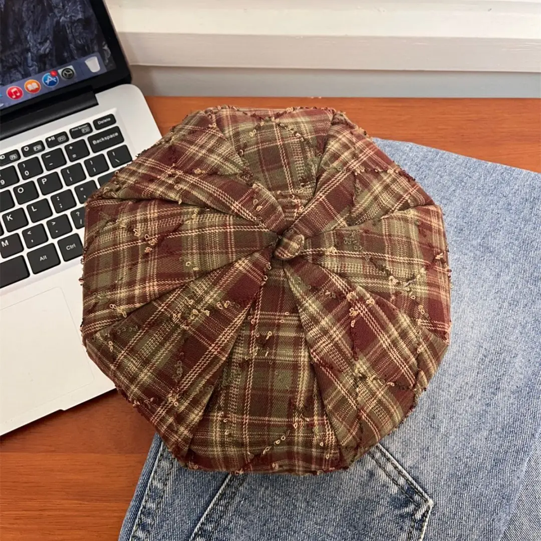 Women Plaid Beret Face Cap Retro British Newsboy Forward — feature 18