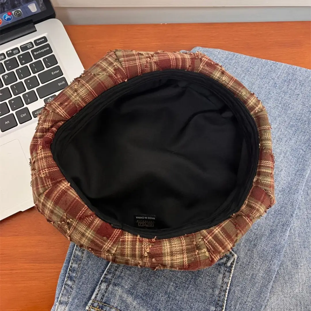Women Plaid Beret Face Cap Retro British Newsboy Forward — feature 19