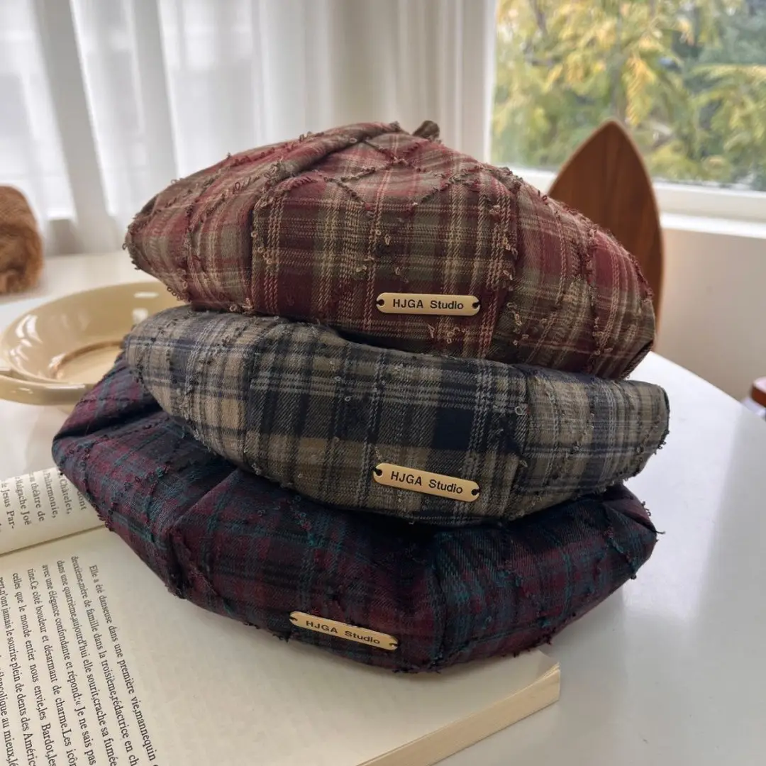 Women Plaid Beret Face Cap Retro British Newsboy Forward — feature 4