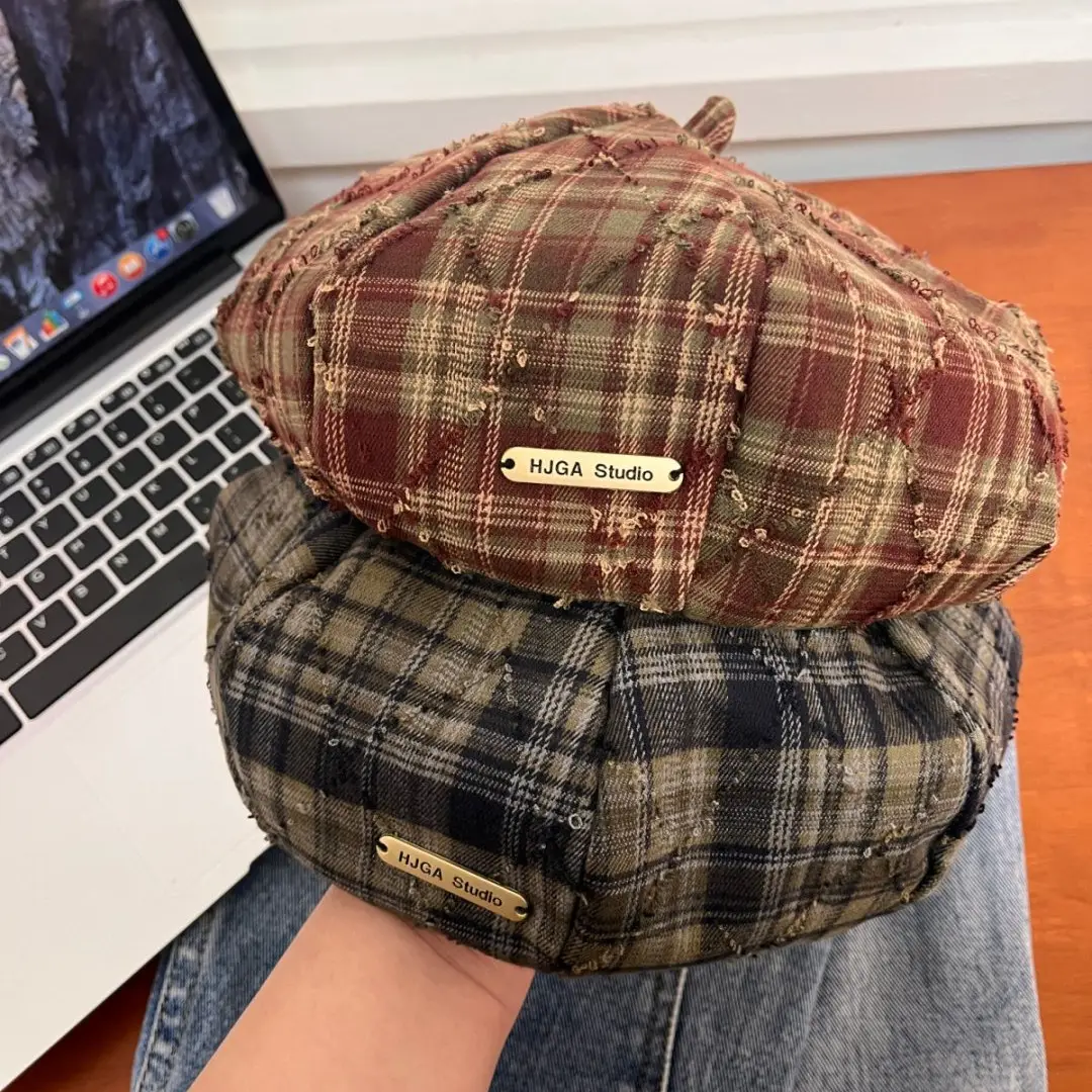 Women Plaid Beret Face Cap Retro British Newsboy Forward — feature 5