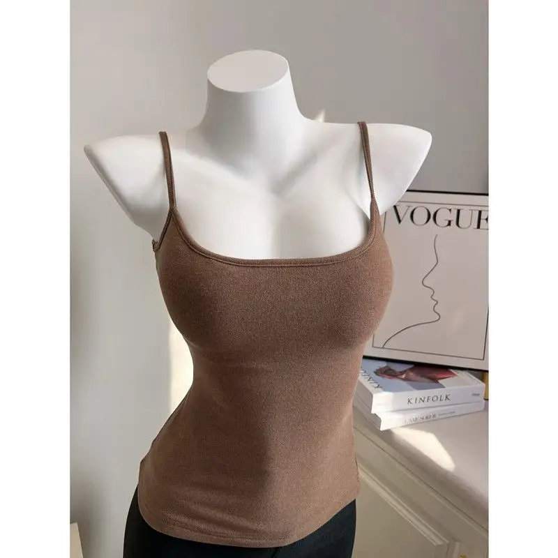 Early Autumn New Brushed Camisole for Women with Breast Pads, Sexy Slim Outer Wear and Thickened Design Top
