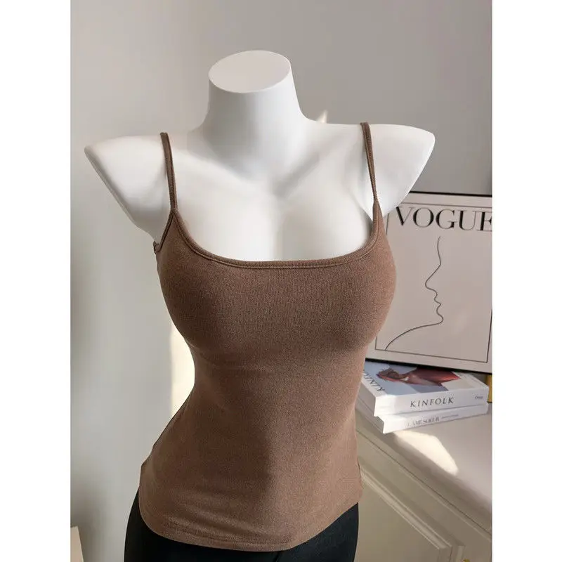 Early Autumn New Brushed Camisole for Women with Breast Pads, Sexy Slim Outer Wear and Thickened Design Top