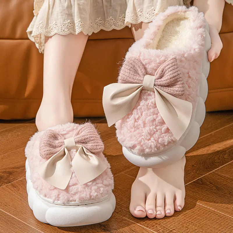 Bow Cotton Slippers for Women in Autumn and Winter Thick-Soled Indoor Comfortable Lightweight Plush Slippers Warm Cotton Slippers for Women Confinement Shoes - Image 6