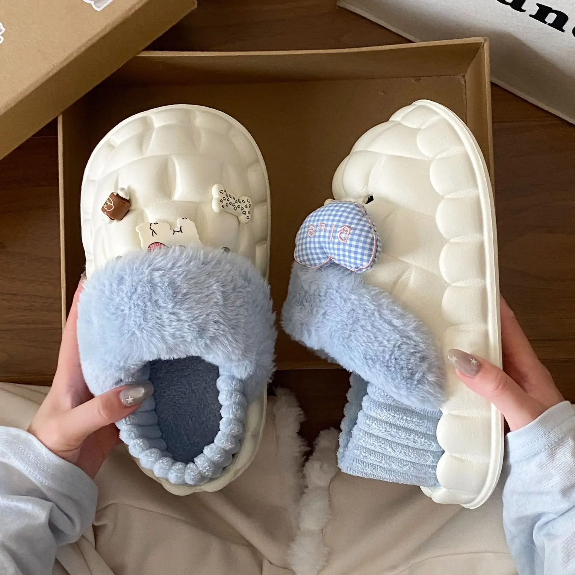 Winter Velvet Cotton Slippers for Women Blue White