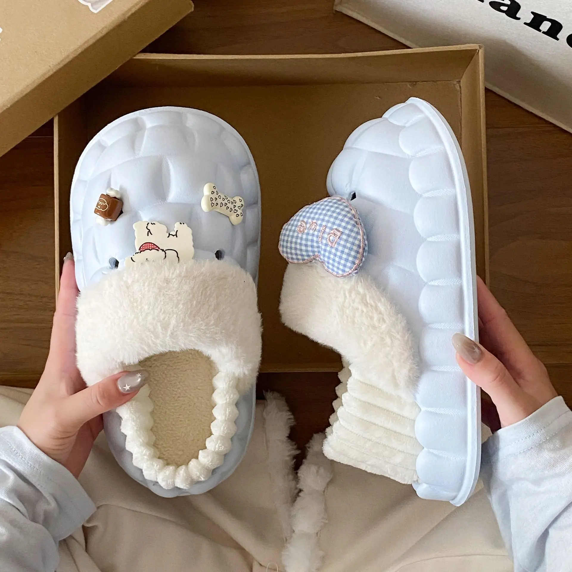 Winter Velvet Cotton Slippers for Women Blue White